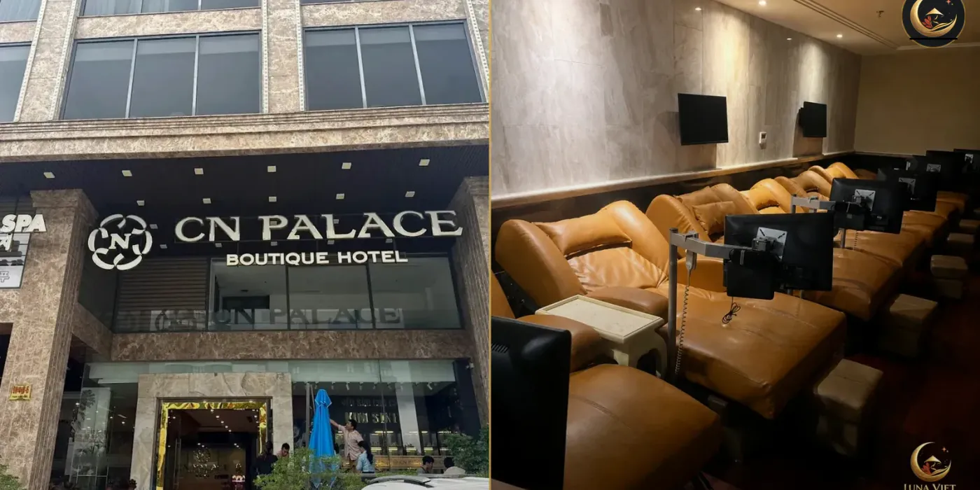 왼쪽은 CN Palace Hotel의 청룡열차 외관, 오른쪽은 Samdi Hotel 청룡이발소의 실제 케어 좌석
