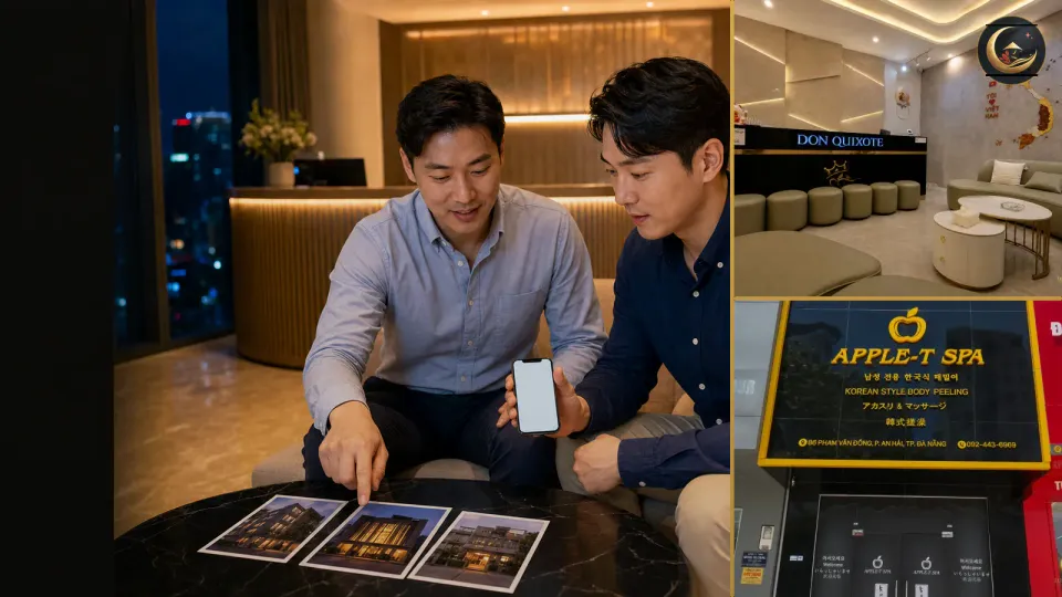 성인 여행자가 돈키호테·애플스파 실제 장소 사진으로 당일 예약을 확인하는 이미지