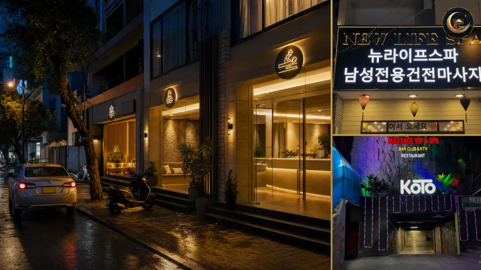 다낭 야간 마사지 거리와 뉴라이프·KOTO 실제 입구로 자정 이후 후보를 비교한 이미지