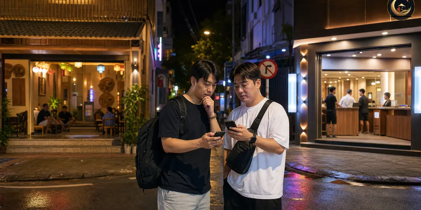 다낭 밤거리에서 로컬 마사지와 한인 운영 마사지의 분위기·예약 방식을 비교하는 안내 이미지