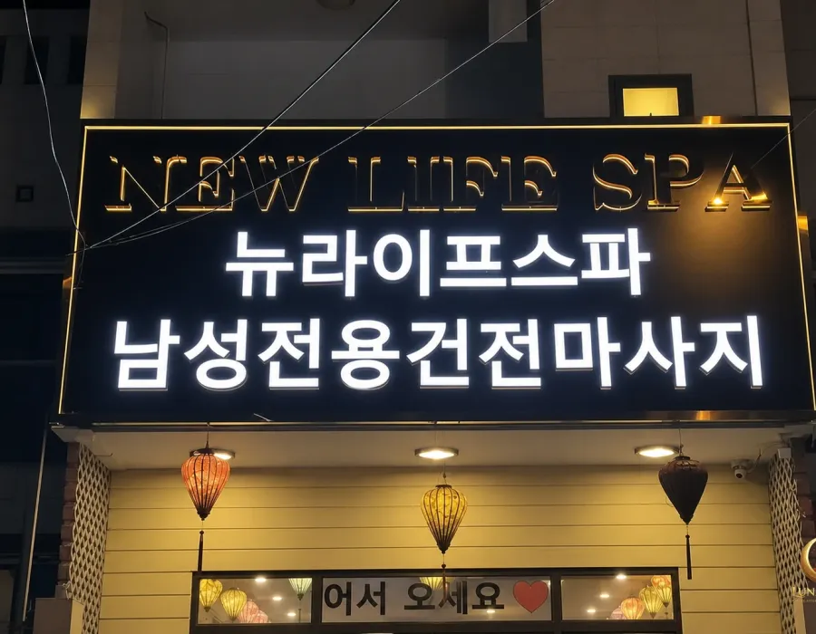 NEW LIFE SPA 간판과 남성 전용 안내가 보이는 외관
