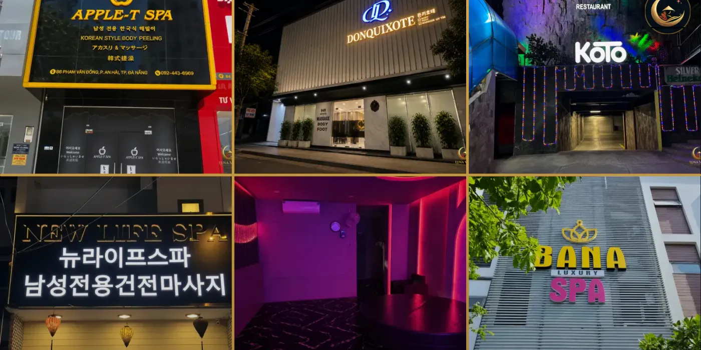 다낭 마사지 BEST 6의 실제 외관·간판·프라이빗 룸을 여섯 장으로 비교한 이미지
